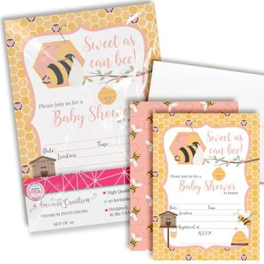 Imagem de Amanda Creation Convites de chá de bebê Honeycomb para meninas, 20 5x7 convites de chá de bebê de preenchimento dupla face Bumblebee com vinte envelopes brancos cartões de chá de bebê Bumble Bee It's