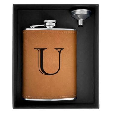 Imagem de CARAKNOTS Presentes personalizados para homens inicial gravado em couro cantil monograma padrinhos presentes de aniversário para pai namorado marido tio aço inoxidável 236 ml frascos de quadril para