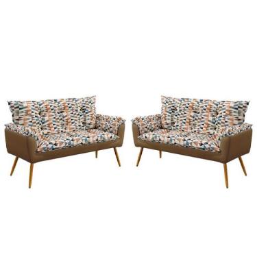 Imagem de Kit 2 Poltronas Namoradeira Beta Suede Estampado Laranja com Capuccino