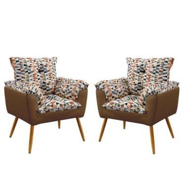 Imagem de Kit 2 Poltronas Decorativas Beta Sued Estampado Laranja com Capuccino 