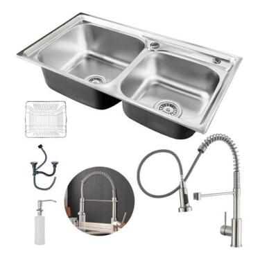 Imagem de Kit Cuba Dupla Cozinha Gourmet Aço Inox E Torneira Flexível - Brinovar