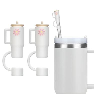 Imagem de Capa de palha para copo Stanley, 2 peças de tampa de palha para Stanley com alça, capa de ponta de palha de silicone para copo Stanley de 76 e 1,18 ml, enfeites de palha fofos para Stanley. (Branco)