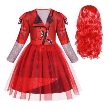 Imagem de WonderBabe Kids Rise Red Costume Girls Red Descendants Costume Princess Birthday Halloween Dress up Outfit with Rise of Red wig size 7-8