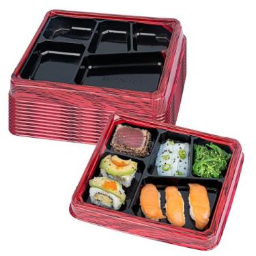 Imagem de Restaurantware -Bento Tek Recipientes de preparação de refeições de 520 ml, 100 caixas de comida descartáveis - tampas vendidas separadamente, 5 compartimentos, lancheiras Bento de plástico vermelho e