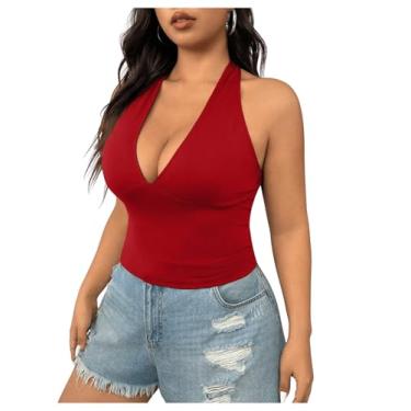 Imagem de SOLY HUX Regata feminina plus size sexy frente única decote em V profundo frente única sem manga justa justa para sair, Vermelho liso, XGG