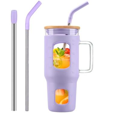 Imagem de WINSA Copo de vidro de 946 ml com canudo e tampa, garrafas de água de vidro com marcador de tempo, capa protetora de silicone - roxo