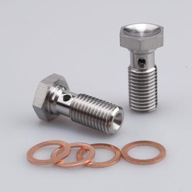 Imagem de AC PERFORMANCE 2 peças de aço inoxidável M10 x 1,25 rosca métrica turbo freio adaptador de parafuso banjo com arruelas de cobre, parafuso banjo único 24 mm de comprimento