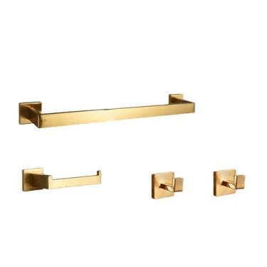 Imagem de Conjunto de ferragens de ouro escovado, prateleira de banheiro, barra de toalha, gancho para roupão, suporte para rolo de papel higiênico, acessórios de banheiro pretos, dourado, conjunto de 4 pe