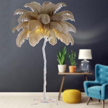 Imagem de Luminária de chão moderna, luminária de chão de penas de avestruz com 3 cores reguláveis, corpo de luz prateada, lâmpada decorativa de penas, luminária de chão romântica para sala de estar e quarto