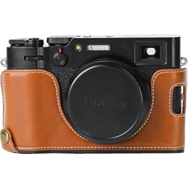 Imagem de Capa X100, capa BMAOLLONGB feita à mão de couro PU meia câmera versão abertura inferior para Fujifilm X100 com alça de mão (marrom)