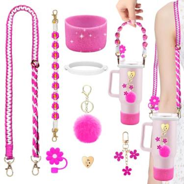 Imagem de Conjunto de acessórios para copos Stanley incluindo alça de ombro e alça ajustável para garrafa de água, bota protetora de silicone com glitter, capa de cobertura de palha de silicone, pingentes fofos