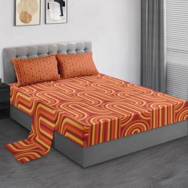 Imagem de Pamnest Jogo de lençol casal vintage 70 de microfibra macia geométrica dos anos 70 para decoração de quarto de crianças e adultos, lençol de cima amarelo de meados do século, lençol com elástico e 2