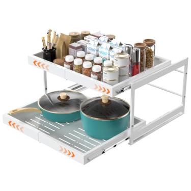 Imagem de Organizador de armário expansível de 2 camadas, organizador de gaveta deslizante de 43 cm de profundidade com nano filme adesivo para panelas, armazenamento de prateleira para cozinha e despensa,