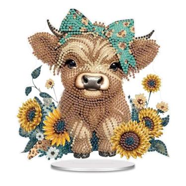 Imagem de AIBOERL Kits de arte de diamante de mesa de vaca, kits de pintura de diamante em pé para adultos, DIY Desktop Diamond Painting Diamond Art Ornamental Sunshine Catcher Craft Desk para decoração de mesa