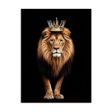 Imagem de SDYJ6GSW Arte de parede em tela de leão preto e branco leão coroa de ouro rei imagem de animal arte para quarto decoração de casa pronto para pendurar 40 x 30 cm (16 x 12 pol) sem moldura