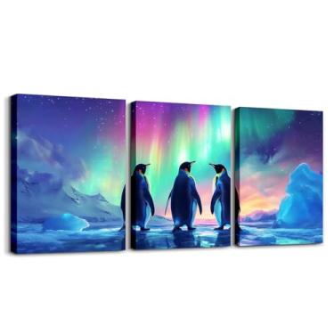 Imagem de Decoração de parede em tela de pinguim, pintura de parede com desenho animado de pólo ártico para meninos e meninas, céu estrelado, galáxia, aurora boreal, 3 peças, arte de parede emoldurada em tela