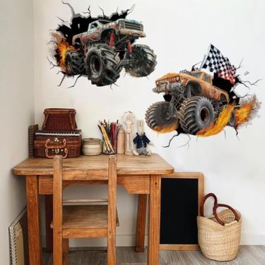 Imagem de Runtoo Adesivos de parede Monster Truck para quarto de meninos 3D carro de corrida adesivo de parede quarto infantil decoração de sala de jogos