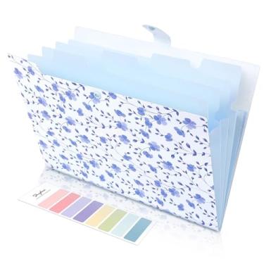 Imagem de SKYDUE Pasta expansível com 5 bolsos, organizador de arquivos de acordeão floral para documentos importantes, organizador portátil de papel de recibo, material de escritório escolar, azul