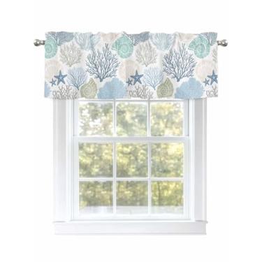 Imagem de Cortinas de sanefa coral de estrela do mar oceano para janelas com bolso de haste abstrata azul simples pequena lavável tratamento de janela para cozinha, sala de estar, quarto, 106 x 30 cm, 1 painel