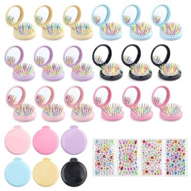 Imagem de Lilingsty Escova de cabelo espelhada dobrável de 6 cores, pente compacto 2 em 1 com adesivos DIY, mini espelho de maquiagem redondo para viagens, mulheres e meninas, 6 peças