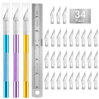 Imagem de 3 facas artesanais para passatempos, inclui 30 peças de lâminas de faca Exacto #11 e uma régua, conjunto de facas de precisão Headley Tools, ideal para artesanato, scrapbooking, artes, faça você mesmo