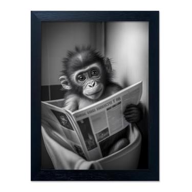 Imagem de Arte de parede emoldurada de banheiro preto e branco macaco engraçado lendo o jornal no vaso sanitário impressão pintura humorística animal banheiro imagem decoração de parede