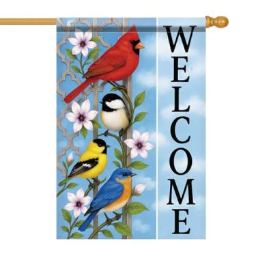 Imagem de Starlit Patio Welcome Friends Bird House Bandeira Outdoor Yard Banner Primavera Verão Sazonal Jardim Bandeira Pássaros Coloridos Floral Decoração de Quintal Floral Dupla Face Gramado Pátio Sinal de
