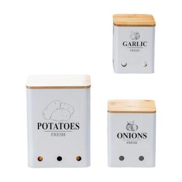 Imagem de Ioensy 3 peças de recipiente para batata, cebola e alho com orifícios de ventilação, latas rústicas multiuso para vegetais resistentes para de