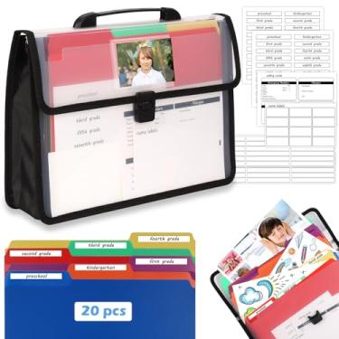 Imagem de Kit organizador de anos escolares, bolsa de armazenamento de plástico transparente com 20 pastas Manila coloridas tamanho cartas, 60 etiquetas adesivas reutilizáveis, caixa de lembrança de memória