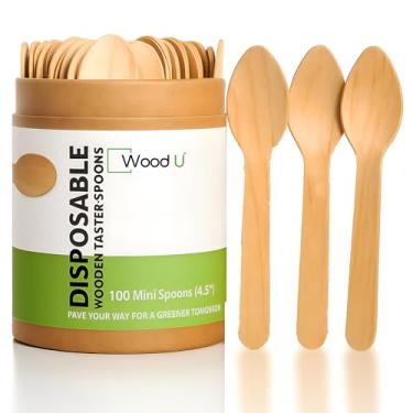 Imagem de Colher de madeira pequena, 100% natural e ecológica | Colheres biodegradáveis de sorvete e amostras para degustação – Pacote com 100 colheres pequenas de artesanato de madeira de 11,4 cm