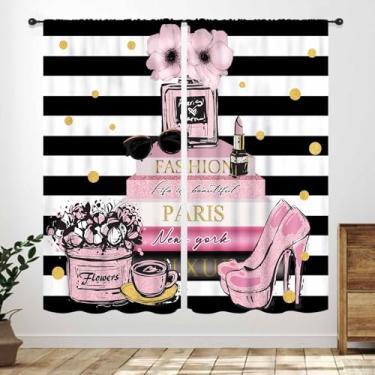 Imagem de Cortina feminina moda rosa para quarto, feminino preto branco moderno floral perfume listrado salto alto revistas livros românticos tratamentos de janela para sala de estar banheiro 2 painéis, 106 x