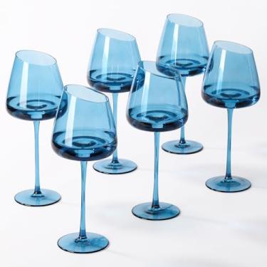 Imagem de Taças de vinho azuis coloridas inclinadas 510 g (pacote com 6) - taças de vinho de cristal sopradas à mão, perfeitas para presentes de festa em casa e recepção de casamento - Coleção de copos