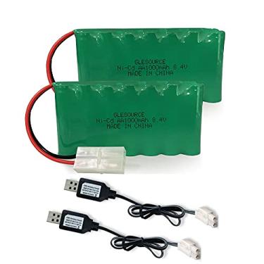 Imagem de GLESOURCE Pacote com 2 pilhas AA de 8,4 V 1000 mAh Ni-MH recarregável com plugue padrão fêmea Tamiya e 2 peças de cabo carregador USB para 1/14 1/18 1/20 de alta velocidade rádio controle remoto carro