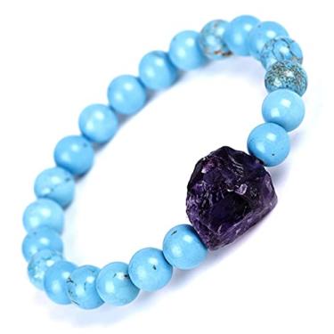 Imagem de Pulseira elástica com pedra preciosa de pedra vulcânica e lápis olho de tigre de 8 mm com pedra de ametista irregular de 7,48 cm em cura de pedra turquesa, pingentes de pedra de ágata preta fosca, contas de pedra vulcânica de cristal de chacra, pulseiras feitas à mão para mulheres e homens