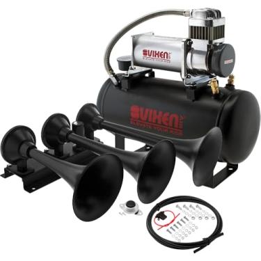Imagem de Vixen Horns Kit de buzina de trem para caminhões/carros/semi. Sistema de bordo completo - Compressor de ar de 150psi, tanque de 2 galões, 3 trompetas. Super alto dB. Serve para veículos como