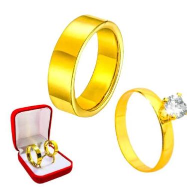 Imagem de Aliança Reta 6mm Banhada Ouro 18k Noivos Tungstenio + Solitario Anel 2