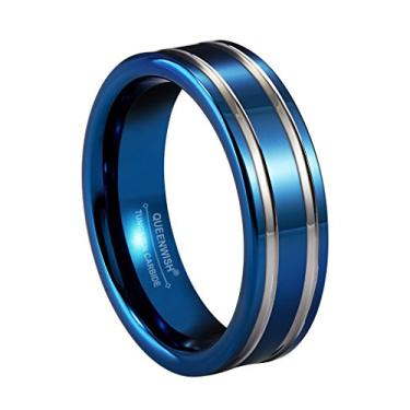 Imagem de Queenwish Aliança de casamento de 8 mm de tungstênio azul polido com listras prateadas gêmeas tamanho 6-13, Carboneto de tungstênio, Sem pedra preciosa