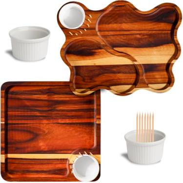 Imagem de Kit Bandeja de Servir Petisqueira Madeira Nobre Teca Formato Quadrado e Retangular Ondulado Ótimo Acabamento Qualidade