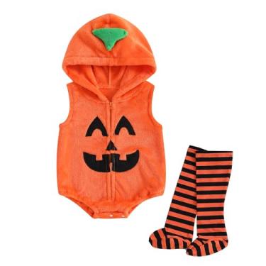Imagem de Baby Halloween Costumes Bee/Pumpkin/Ghost Costume Zipper Hooded Sleeveless Romper Stockings Infant Halloween Clothes (Pumpkin, 0-6 Months)