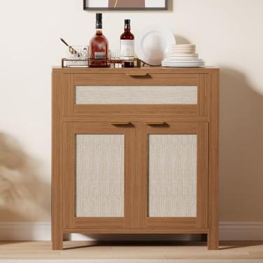 Imagem de Aparador de 86 cm com armazenamento, armário de armazenamento Credenza de madeira com prateleiras ajustáveis, gavetas e portas de vime, console de mesa de buffet, barra de café para entrada de sala de