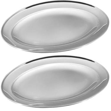 Imagem de Kit 2 Bandeja Travessa Oval Servir Prateada Inoxidável 30cm - Gici Hom