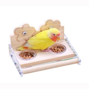 Imagem de Poleiro de madeira para pássaros com 2 copos de alimentação de acrílico, alimentador de pássaros e tigela de água com suporte de poleiro para papagaios, calopsitas Lovebirds, acessórios de gaiola