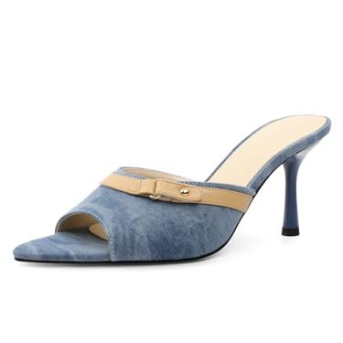Imagem de Soireelady Sandália feminina salto mula, bico fino, bico aberto, salto alto, salto alto, sem cadarço, sapato social de 8,5 cm, Jeans azul, 37