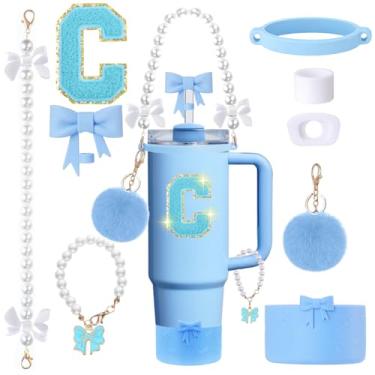 Imagem de Conjunto de acessórios para copos Stanley de 9 peças - para copos de 850 g 1,134 g com alça - Kit Bule inclui enfeite de palha e bota, pingente, alça de pérola e adesivos - Presentes estéticos para