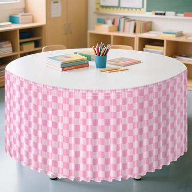 Imagem de Saia de mesa quadriculada rosa de 2,5 m com babados para decoração de sala de aula, saia de mesa retangular colorida para artigos de festa de volta às aulas, jardim de infância, escritório, estante