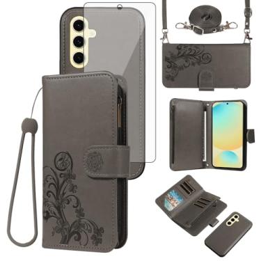 Imagem de Asuwish Capa de celular para Samsung Galaxy S24 FE 5G Carteira com zíper magnética destacável com protetor de tela de vidro temperado alça transversal porta-cartões de flores S 24 EF AI S24FE 24S