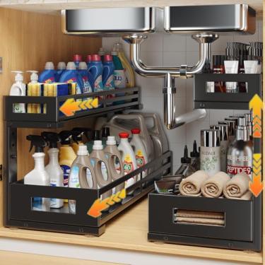 Imagem de Pacote com 2 organizadores e armazenamento embaixo da pia de 51 cm, organizador de armário em forma de L de 2 camadas com trilhos deslizantes atualizados, gavetas ajustáveis de altura para cozinha e