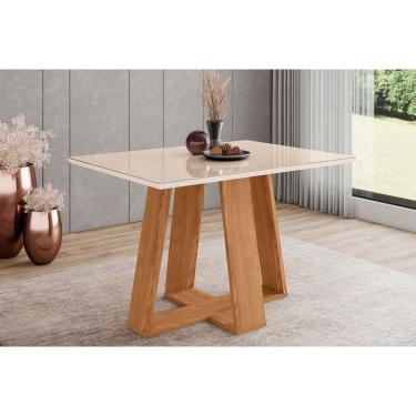 Imagem de Mesa p/ Cozinha Lins SC90 c/ Tampo Madeirado c/ Vidro Reto 120x80cm Nature/Off White -...