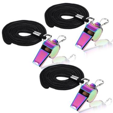 Imagem de Hpmjz 3 peças apito de treinador com cordão de aço inoxidável apitos de professor de metal colorido treinador esportivo apito alto som nítido mochila apitos para árbitros funcionários de emergência