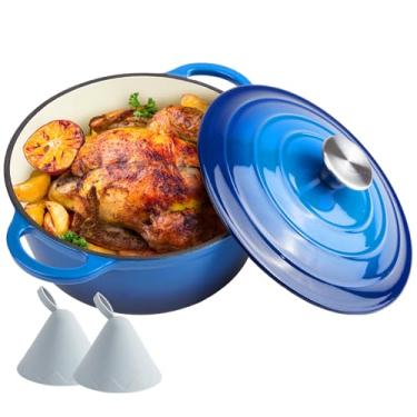 Imagem de Ferro fundido esmaltado para forno holandês de 4,5 litros com tampa - alças duplas grandes - Seguro para forno até 260 °C - Panela redonda clássica para cozinha versátil azul